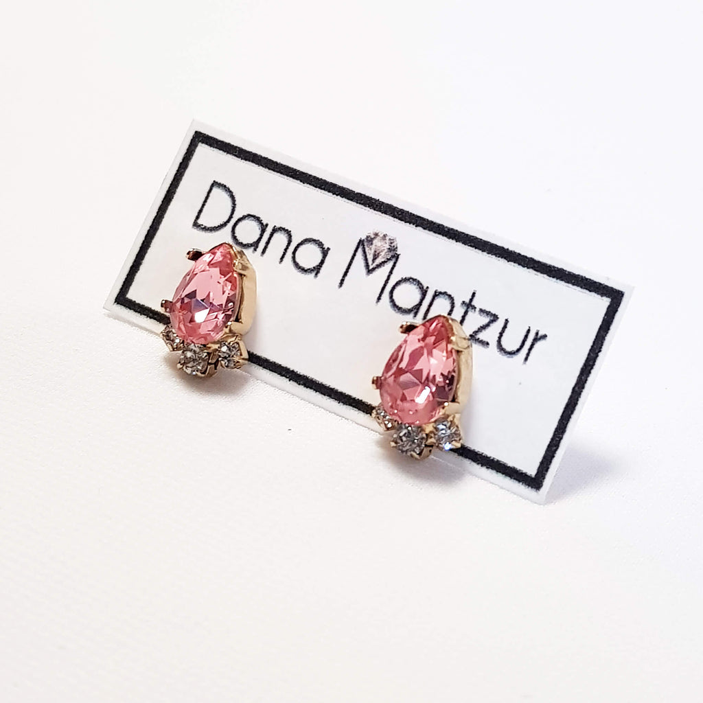 עגילי קריסטל ורודים בהירים, עגילי פרינסס , דנה מנצור