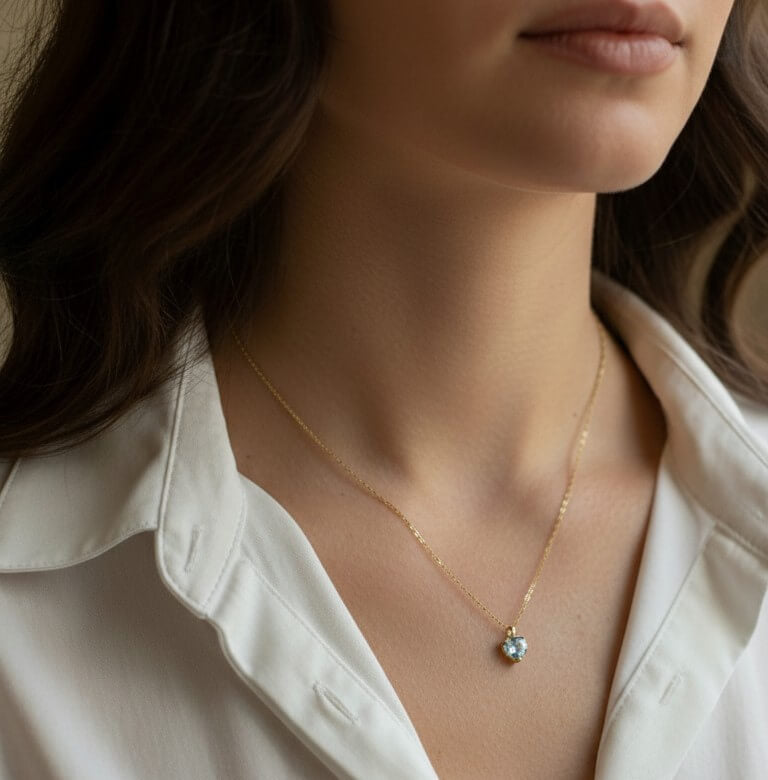 Aquamarine 14K gold heart shaped birthstone necklace -Dana Mantzur