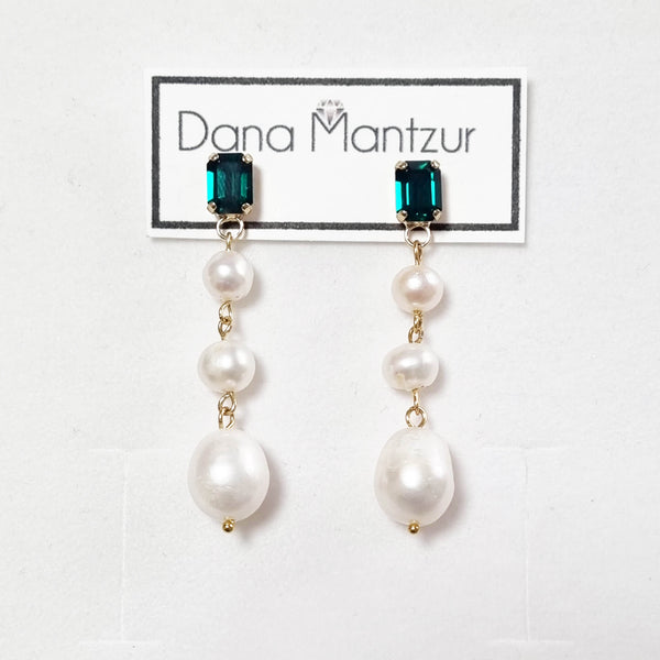 Emerald post earrings with Real pearl beads long earrings, Tiffany pearl earrings, Dana Mantzur